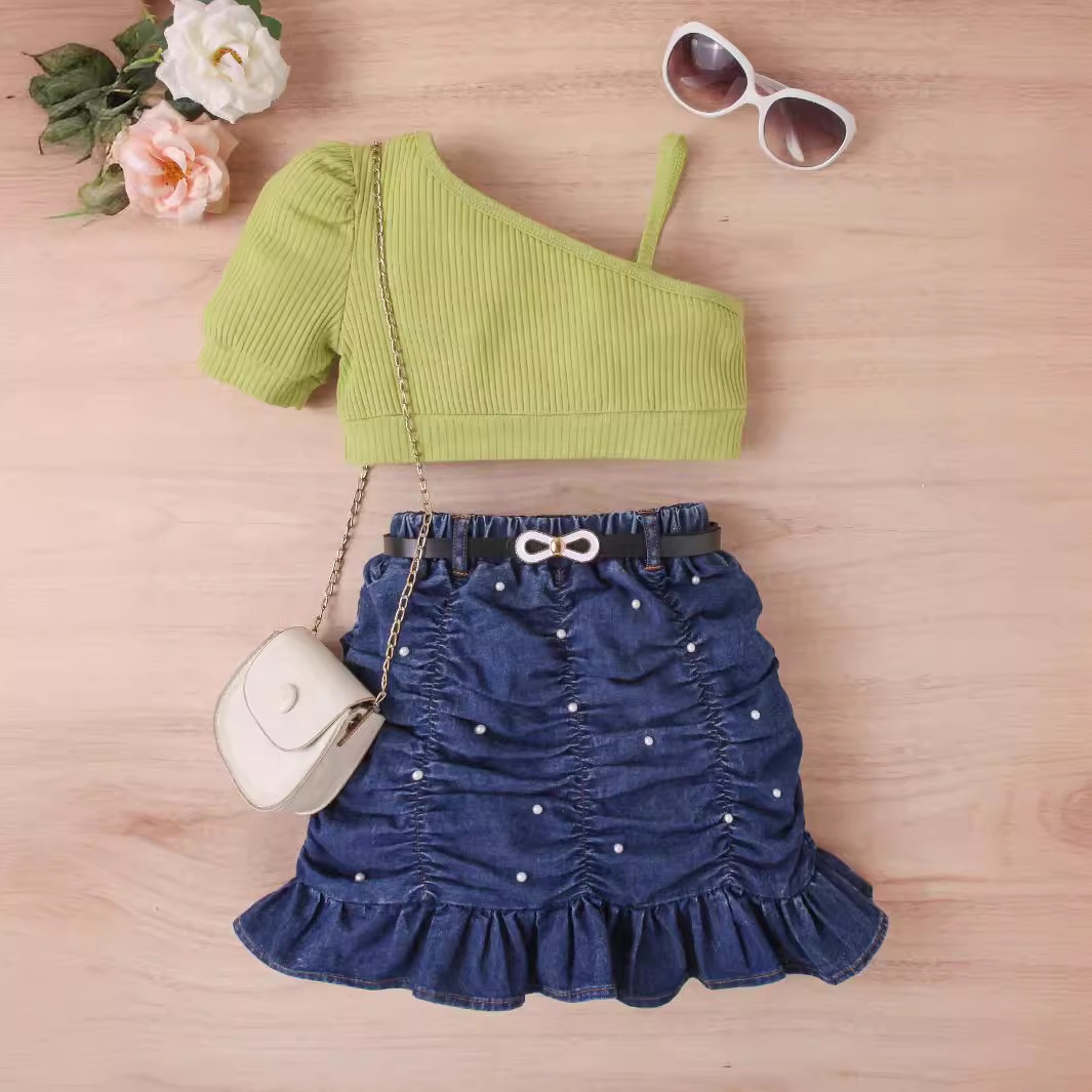 2024 Hot Design Children Outfits Girl One Shoulder Crop Top With