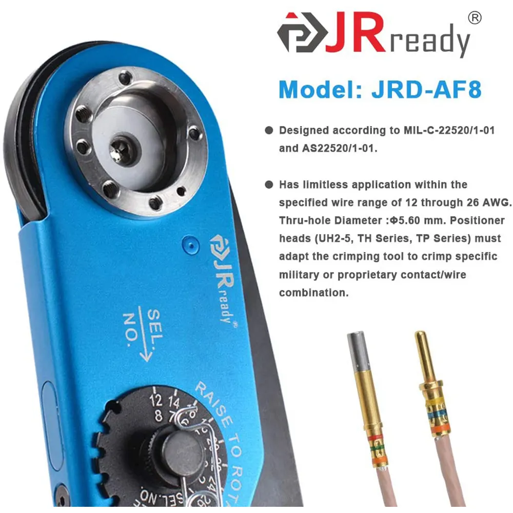 JRready JRD-ASF1คีมย้ำสายไฟ M22520/1-01,อุปกรณ์จับจีบขั้วต่อไฟฟ้าแบบ Solid Contact Crimper ความแม่นยำสูง12-26 AWG