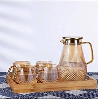 Ensemble de carafe en verre de couleur personnalisée de luxe, support en bois pour tasses, couvercle en métal doré, résistant à la chaleur, théière écologique