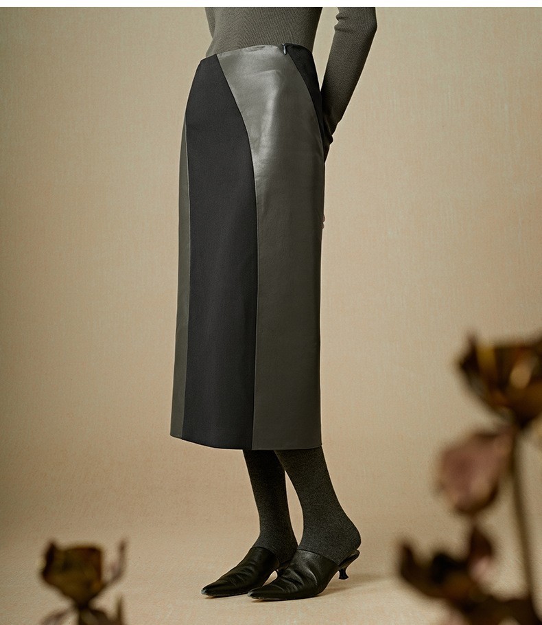 3305 Latest Product Black Suede Wrap Skirt Sheepskin Leather Spliced Suede Mid-length Leather Skirt