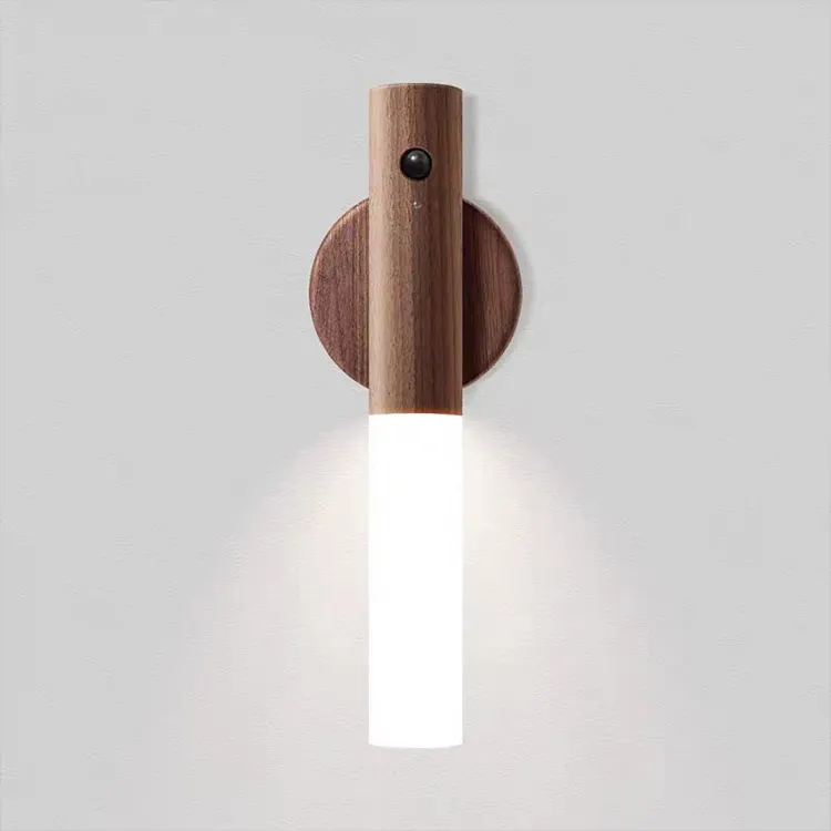 Lámpara de escalera de pared interior inteligente magnética inalámbrica portátil inductiva USB recargable de madera Led Sensor de movimiento luz nocturna