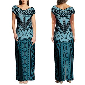 Dernière conception de <span class=keywords><strong>robe</strong></span> hawaïenne longue à épaules dénudées et col en V personnalisée Tapa <span class=keywords><strong>robe</strong></span> polynésienne à impression tribale fendue robes décontractées pour femmes - Product Image 2