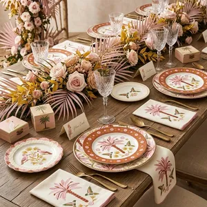 Juego de Platos de Cerámica Retro con Diseño de Loro Rosa, Vajilla de Porcelana de Lujo con Palmeras Tropicales, Plato Redondo para Postre y Ensalada para Bodas - Product Image 2