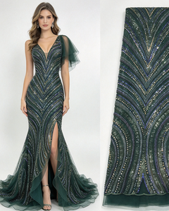 Tessuto in Pizzo con Perline Stile Art Déco Marocchino, <span class=keywords><strong>Tulle</strong></span> Ricamato Geometrico <span class=keywords><strong>Verde</strong></span> <span class=keywords><strong>Smeraldo</strong></span> per Abiti da Sposa e da Sera - Product Image 1