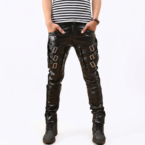 Pantalones de Cuero Genuino Negro, Ecológicos, Formales, de Cintura Alta, Estilo Gótico, Corte Recto, Largos, con Botones Decorativos y Cierre de Botones - Product Image 1
