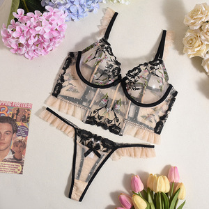 เซ็ตกางเกงชั้นในลายก้างปลาชุดชั้นในผ้าตาข่ายผ้าจีบปักลายดอกไม้เซ็กซี่ - Product Image 6
