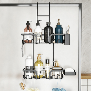 Organisateur de salle de bain suspendu en métal noir à 2 niveaux, étagères de douche antirouille à <span class=keywords><strong>suspendre</strong></span> sur la <span class=keywords><strong>porte</strong></span> pour rasoirs, crochets et <span class=keywords><strong>porte</strong></span>-<span class=keywords><strong>savon</strong></span> - Product Image 4