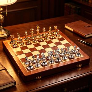 Premium Luxury Gold Silver Plated Brass Custom Metal <b>Chess</b> <b>Set</b> With Folding <b>Wooden</b> Board Box for Collectible Gifts Decoration - Product Image 1
