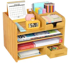 Custom Bamboe Bureau Organizer Met Lade Opslag, 4-Tiers Houten Desktop Organizer Voor Document Brief Lade Mail Sorter