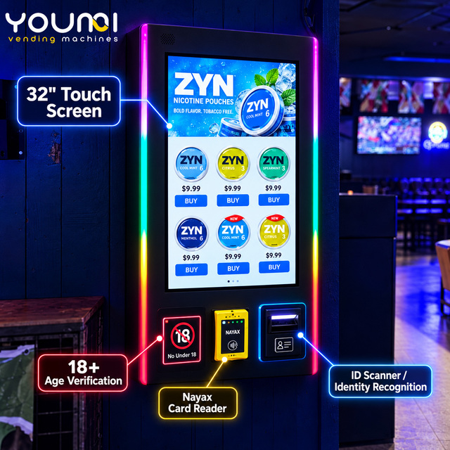Heavy Duty Wall Mounted 32" Touchscreen Nicotine Pouch Tobacco Vending Machine Smart Cigarette Kiosk With Card Reader for Bar