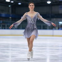 Robe de patinage et de danse dégradé gris-violet, manches longues en maille, dos nu orné de strass, pour enfants et adultes, compétition et performance