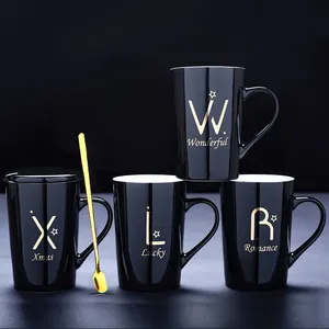 Venta al por mayor de tazas de cerámica negra de 12 oz <span class=keywords><strong>con</strong></span> logotipo dorado, tazas altas de porcelana y cuchara para café, <span class=keywords><strong>leche</strong></span> o regalos para agua hirviendo - Product Image 3