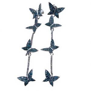Boucles d'oreilles pendantes papillon en argent sterling 925 de luxe avec diamant bleu naturel rond, bijoux fins faits à la main, cadeau pour femme 1,62 ct - Product Image 1