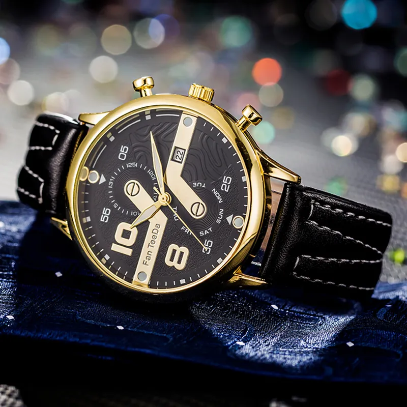 WJ-10816 Fashionable new men's leather watchband quartz watch cool dial sports style calendar Men's quartz watches