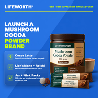 LIFEWORTH Marque Privée Poudre de Cacao aux Champignons Mélange Crinière de Lion et Reishi pour Latte au Cacao, Pot de 300g, Adaptogène, Cacao Chaud, OEM ODM Vrac GMP
