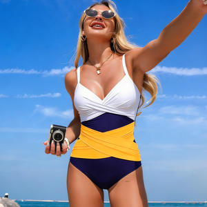 One Piece Swimsuit Women Color <b>Block</b> Deep V Neck Twist Design Stretch Swimwear For Beach Water Sports Fitness Body <b>Shaping</b> - Product Image 3