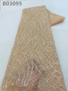 סיטונאי טהור לבן כבד נצנצים רקמת בד תחרה צרפתי רשת קריסטל חרוזים בד תחרה לשמלת ערב לחתונה
