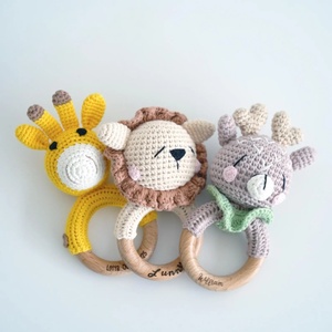 Hochet en bois pour bébé nouveau-né, fait main, en crochet, lapin, lion, cerf, <span class=keywords><strong>girafe</strong></span>, renard, 100% fait main, hochet animal en crochet, <span class=keywords><strong>attache</strong></span>-sucette - Product Image 1