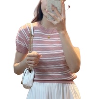 Kaus blus lengan pendek gadis kaus bergaris elegan kaus Sweater rajut untuk wanita atasan khusus ringan musim panas