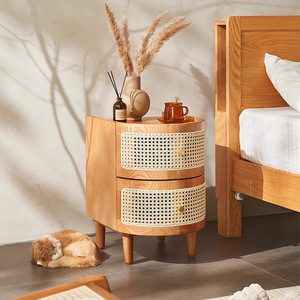 Solid Wood Rattan Bedside Table With <b>Drawers</b> Storage Cabinet Minimalist Nordic Style Nightstand For Bedroom - Product Image 1