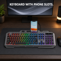 Clavier filaire à panneau métallique 104 touches rétroéclairées couleur, deux emplacements pour téléphone, touches FN, résistant aux éclaboussures, USB pour PC Gaming, vente en gros T16