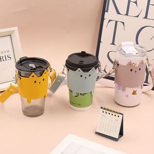 Fundas Protectoras Reutilizables para Café, Portavasos de Cuero PU, Portabotellas con Diseño de Gato y Correa - Product Image 4