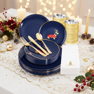 Services de vaisselle jetables <span class=keywords><strong>bleu</strong></span> <span class=keywords><strong>marine</strong></span> avec bord doré pour 100 invités lors de mariages et de fêtes – Assiettes de luxe à motifs de dessins animés - Product Image 1