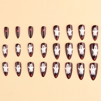 Faux ongles Halloween à presser, style vampire sombre, longs, en amande, amovibles, motif fantôme sanglant bordeaux