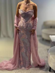 فستان حفلات وردي بتصميم حورية البحر من شارون سايد SH557 مع كاب وياقة على شكل V بدون أكتاف للنساء (غير متوفر في المخزون) - Product Image 5