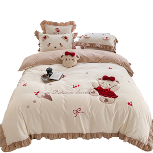 Cute <strong>Teddy</strong> <strong>Bear</strong> Cartoon Girl Heart All Cotton Washed Cotton Four Piece <strong>Set</strong> With <strong>Teddy</strong> <strong>Bear</strong> Sticker and Embroidered Lotus Leaf - Product Image 6