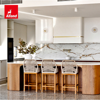Meubles d'îlot de cuisine incurvés Alland 2026, grand organisateur et rangement, grain de noyer américain, beige, armoires de cuisine fines style Shaker