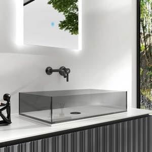 Meuble-lavabo flottant <span class=keywords><strong>de</strong></span> luxe moderne <span class=keywords><strong>de</strong></span> 1650 mm avec texture cannelée 3D, vasque en verre gris et plan <span class=keywords><strong>de</strong></span> travail en pierre frittée - Product Image 4