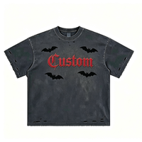 T-shirt personnalisé en gros, en coton premium, coupe oversize, déchiré et vieilli, style streetwear, lavage vintage, grunge, gothique, motif flamme