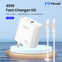 Chargeur mural GaN haute efficacité Miccell 45W avec PD 45W + QC 3.0 et double port pour les utilisateurs d'ordinateurs portables et de téléphones
