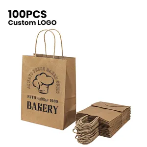 Custom Printed Your Own Logo Carrier to Go Restaurant Food Delivery Packaging Kraft Takeout Takeaway Lunch Paper Bags