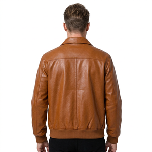 <b>Brown</b> <b>Leather</b> Bomber <b>Jacket</b> <b>Men</b> Zipper Closure Turn-down Collar Casual Autumn Outerwear Regular Fit Solid Color - Product Image 5