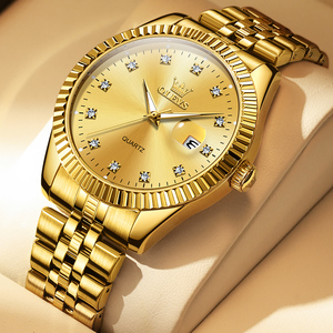 Montre à quartz chinoise avec mouvement à quartz, diamant, aiguille de date, style professionnel, 3 aiguilles, dorée, pour homme, bracelet en acier inoxydable - Product Image 4