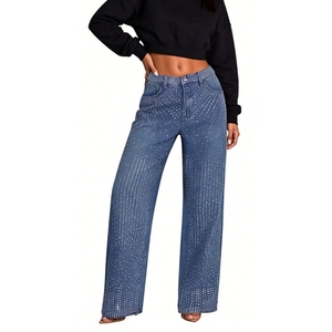 Jeans à jambes larges pour femmes ornés de strass - Pantalons décontractés en denim scintillant, tendance - Product Image 2