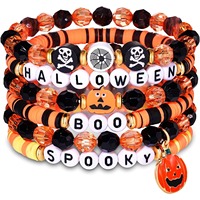 Vente en gros usine – Bracelet unisexe personnalisé en pâte polymère extensible empilable avec lettres, motifs citrouille, crâne et araignée pour Halloween