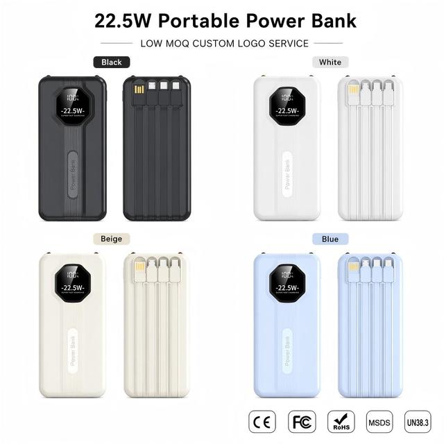 22.5W PD Cable-Free Fast Power Bank 10000mAh Built-in 4 Charging Cords Digital LED Display Portable Travel Power Charger
