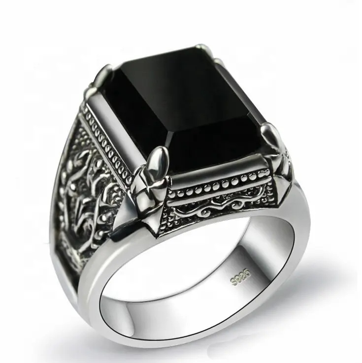 Zwart Obsidiaan Ring Vintage 925 Sterling Zilver Natuurlijke Edelsteen Steen Ring Mannen Fijne Sieraden Royal De Plata