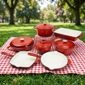 Ensemble de 11 pièces de batterie de cuisine en <span class=keywords><strong>fonte</strong></span> émaillée colorée, comprenant 4 faitouts hollandais, 2 poêles à frire et 1 plat à gratin, pour la cuisine - Product Image 1