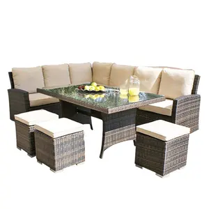 Conjunto de sofá de canto, conjunto de sofá de canto com rattan natural com mesa de elevação, 5 peças de mobiliário para jardim pátio