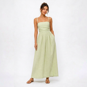 Summer Green Cotton Bohemian Simple Women Sleeveless Spaghetti Strap A-Line <b>Elastic</b> Waist Maxi <b>Dress</b> Casual Elegant Floor Length - Product Image 1