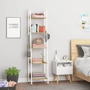 Estantería de almacenamiento de 5 <span class=keywords><strong>niveles</strong></span> con <span class=keywords><strong>4</strong></span> ganchos Estantería de estilo industrial Estantería de escalera estrecha Color blanco - Product Image 3