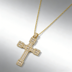 CUSTOM SILVER 10K/14K/18K GOLD PLATED LAB GROWN CVD DIAMOND CLASSIC ENGAGEMENT GIFT SWEATER <b>CHAIN</b> NECKLACE <b>CROSS</b> PENDANT VS - Product Image 3