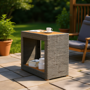 Gray Poly Rattan Patio Side <b>Table</b> With Wooden Top Outdoor <b>Table</b> Durable Contemporary Design - Product Image 2