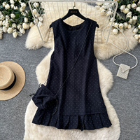 Robe courte sans manches à pois pour femmes, col ras du cou, ourlet plissé, mini-robe décontractée pour le printemps et l'été