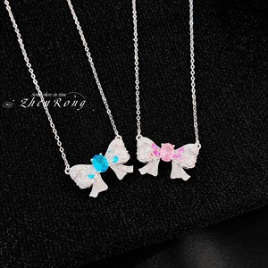 Ethereal Bow Necklace For Women Pink Diamond Blue Sapphire Clavicle Chain Party Fashion Pendant Zinc Alloy - Product Image 2