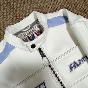Avirex Genuine Leather <strong>Jacket</strong> for <strong>Men</strong> <strong>White</strong> Stand-up Collar European Lambskin US Size Varsity True Leather Clothing Coats - Product Image 5